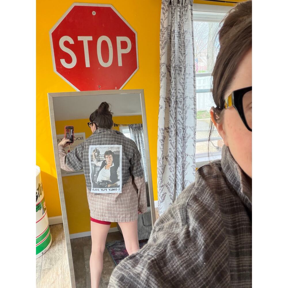 Hans Solo star wars upcycled custom flannel shirt graphic tee on back bespoke